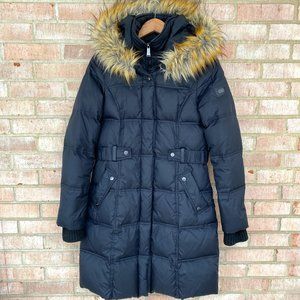 DKNY Black Puffer Coat w/ Faux Fur Hood